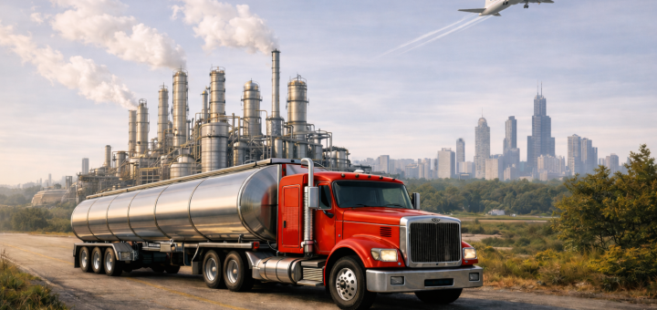 Midwest Fuel Supply Squeeze scene with a red tanker truck, refinery towers, Chicago skyline, and a passenger jet in a pale blue sky