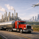 Midwest Fuel Supply Squeeze scene with a red tanker truck, refinery towers, Chicago skyline, and a passenger jet in a pale blue sky