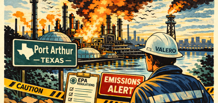 Valero Port Arthur blast editorial illustration showing a refinery fire in Texas, with a worker in the foreground, a Port Arthur sign, caution tape, and an emissions alert notice.