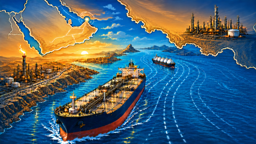 Illustrated oil tanker moving through a strategic maritime chokepoint with refinery infrastructure, shipping lanes, and regional energy-route overlays representing Strait of Hormuz supply risk.