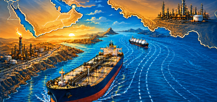 Illustrated oil tanker moving through a strategic maritime chokepoint with refinery infrastructure, shipping lanes, and regional energy-route overlays representing Strait of Hormuz supply risk.