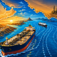 Illustrated oil tanker moving through a strategic maritime chokepoint with refinery infrastructure, shipping lanes, and regional energy-route overlays representing Strait of Hormuz supply risk.