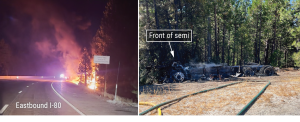 EV Hazmat Transport Risks: 7 Key Questions in PHMSA’s Federal Review 2 2024 Tesla Semi postcrash fire and final rest location showing EV hazmat transport risks on Interstate 80 in California