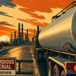 Illustrated tanker truck carrying hazardous material near refinery with PHMSA review sign at sunset