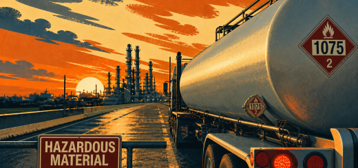 Illustrated tanker truck carrying hazardous material near refinery with PHMSA review sign at sunset