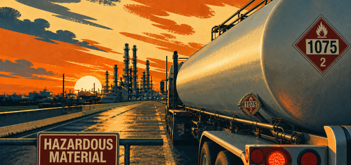 Illustrated tanker truck carrying hazardous material near refinery with PHMSA review sign at sunset