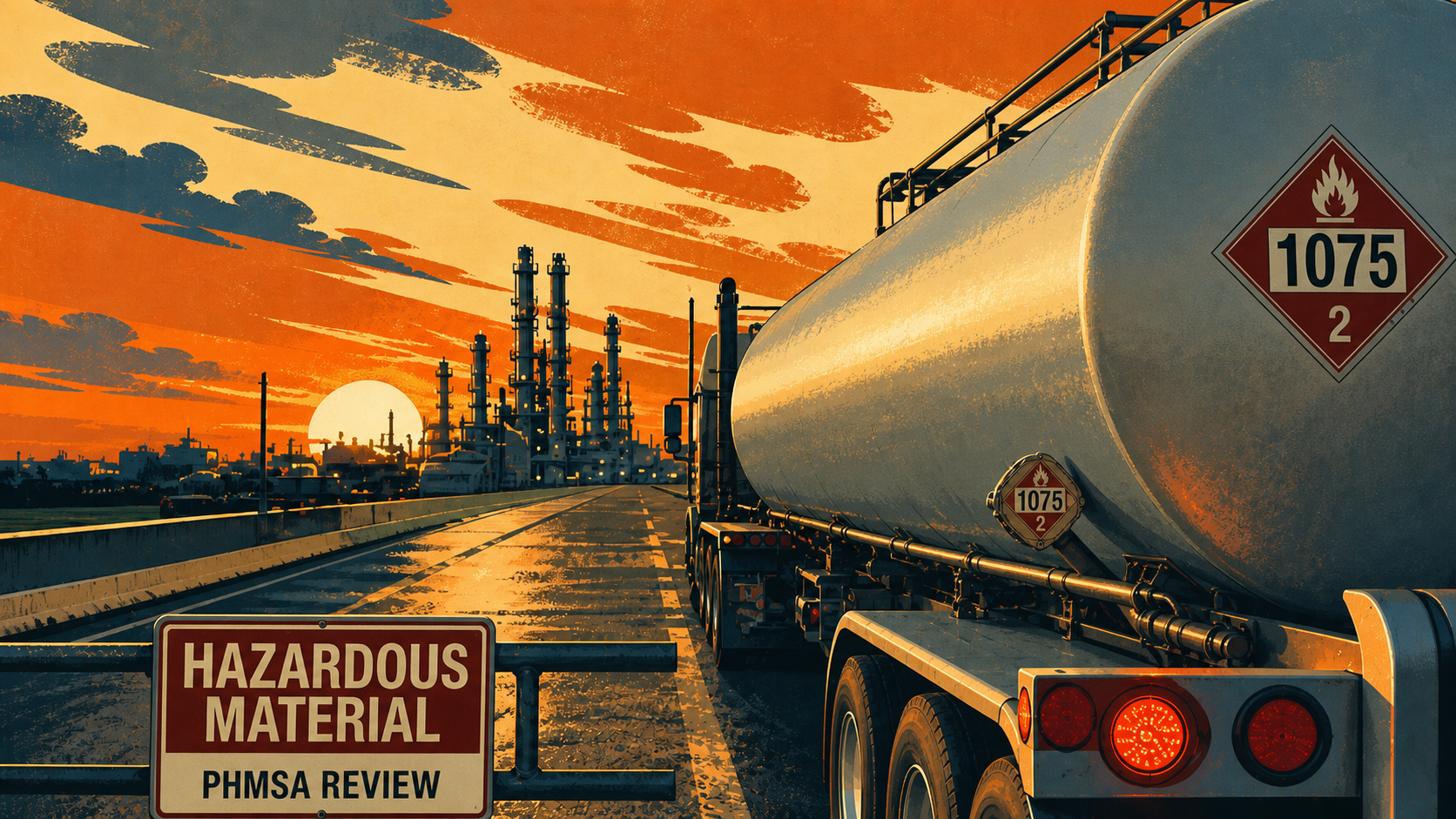 Illustrated tanker truck carrying hazardous material near refinery with PHMSA review sign at sunset