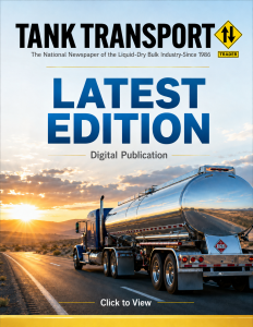 Tank Transport latest edition digital publication cover featuring a polished tanker truck on a highway at sunrise.