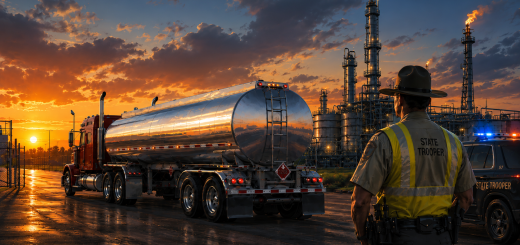Texas petroleum theft illustration showing an over-the-road petroleum tanker, refinery gate, and state trooper during a transport-security inspection scene.