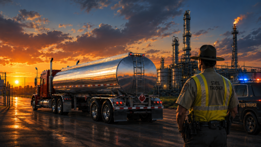 Texas petroleum theft illustration showing an over-the-road petroleum tanker, refinery gate, and state trooper during a transport-security inspection scene.