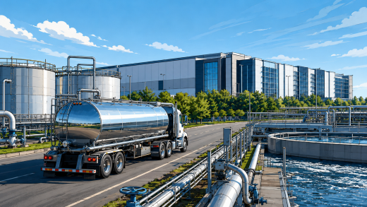 Water tank transport demand illustrated by a stainless steel tanker truck near water treatment infrastructure and a modern data center campus.