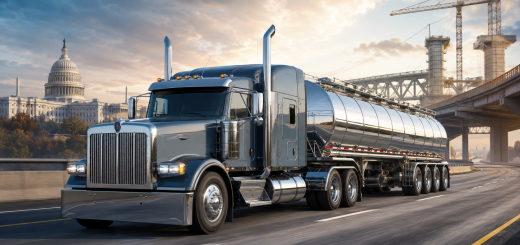 Heavy-duty truck excise tax repeal debate illustrated by a U.S. tank truck passing Capitol and highway infrastructure.
