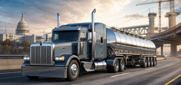 Heavy-duty truck excise tax repeal debate illustrated by a U.S. tank truck passing Capitol and highway infrastructure.