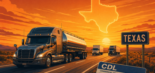 Illustrated Texas CDL English Rule highway scene with a tanker truck in the foreground, two freight trucks in the distance, a glowing Texas outline, a Texas road sign, and a CDL card.