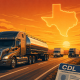Illustrated Texas CDL English Rule highway scene with a tanker truck in the foreground, two freight trucks in the distance, a glowing Texas outline, a Texas road sign, and a CDL card.