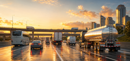 Operation Safe Driver Week 2026 highway traffic scene with a tanker truck, bus, van trailer, and passenger vehicles traveling on a wet city freeway at golden hour