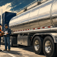 Illustrated roadside inspection of a cargo tank truck as an inspector and driver review hazmat shipping documents.