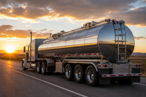 Stainless Steel Tanker Truck at Sunset