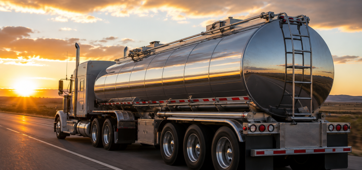Stainless steel tanker truck traveling on a highway at sunset with a dramatic sky and open road.