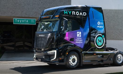 Toyota hydrogen trucks shown in a Hyroad Energy Class 8 hydrogen fuel-cell tractor co-branded with Toyota Hydrogen Solutions