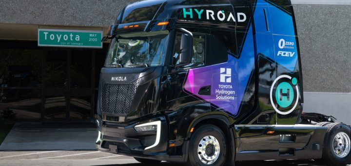 Toyota hydrogen trucks shown in a Hyroad Energy Class 8 hydrogen fuel-cell tractor co-branded with Toyota Hydrogen Solutions