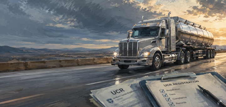 Illustrated tanker truck on a highway with UCR registration and compliance paperwork in the foreground.
