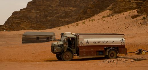 Petroleum tanker truck parked in the Wadi Rum desert in Jordan