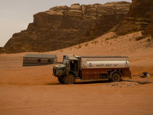 Petroleum tanker truck parked in the Wadi Rum desert in Jordan