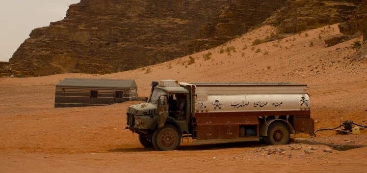 Petroleum tanker truck parked in the Wadi Rum desert in Jordan