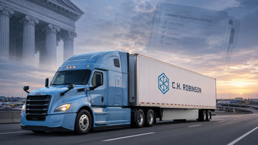 C.H. Robinson verdict editorial illustration showing a branded dry-van truck traveling on a highway