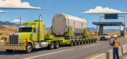 Cartoon editorial illustration of a heavy-haul truck carrying a sealed microreactor package through a highway inspection checkpoint