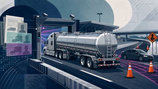 Trucking fraud bills editorial illustration showing a tank truck between a registration checkpoint and a suspicious roadside collision setup