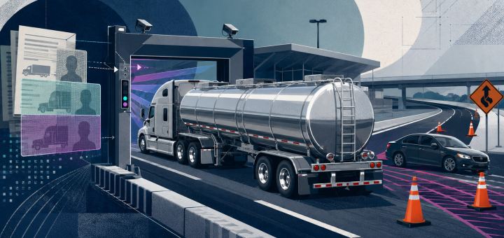 Trucking fraud bills editorial illustration showing a tank truck between a registration checkpoint and a suspicious roadside collision setup