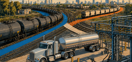 Editorial illustration of freight rail corridors converging near tank cars and a chemical tank truck at a transload rack