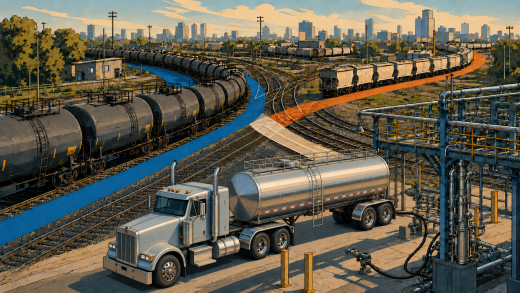 Editorial illustration of freight rail corridors converging near tank cars and a chemical tank truck at a transload rack