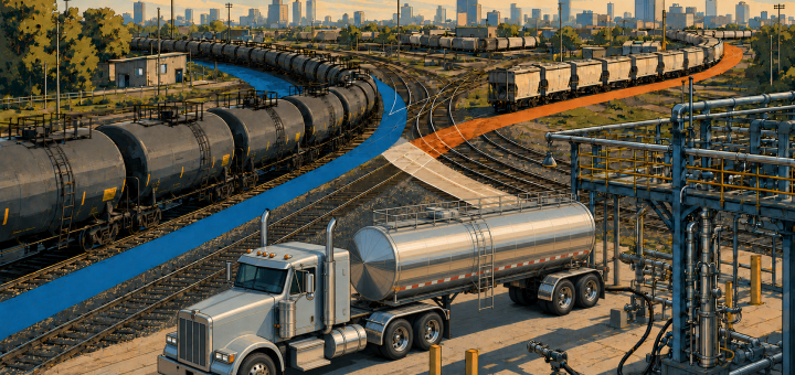 Editorial illustration of freight rail corridors converging near tank cars and a chemical tank truck at a transload rack