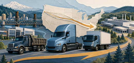 Editorial illustration of the Daimler Portland plant closure shifting truck production from Oregon to the Carolinas