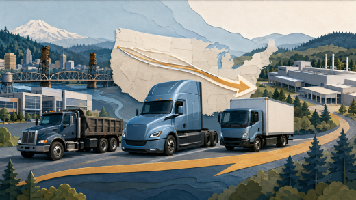 Editorial illustration of the Daimler Portland plant closure shifting truck production from Oregon to the Carolinas