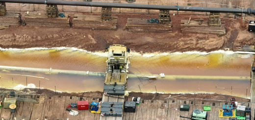 Aerial view of a flatbed truck in the excavated Enbridge Line 5 valve site in Iron County, Wisconsin, on Aug. 29, 2026.