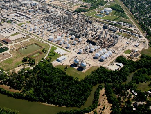 Aerial view of TPC Group’s Houston chemical complex with process units, storage vessels and railcars