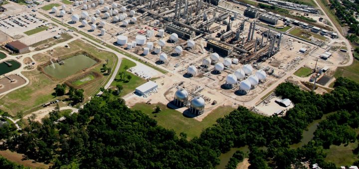 Aerial view of TPC Group’s Houston chemical complex with process units, storage vessels and railcars