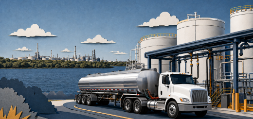 Illustrated petroleum tanker leaving a Great Lakes fuel terminal in a waterfront industrial setting.
