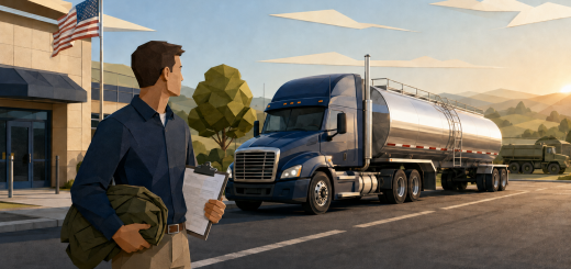 Freedom Haulers CDL illustration showing a veteran transitioning to civilian tank-truck driving