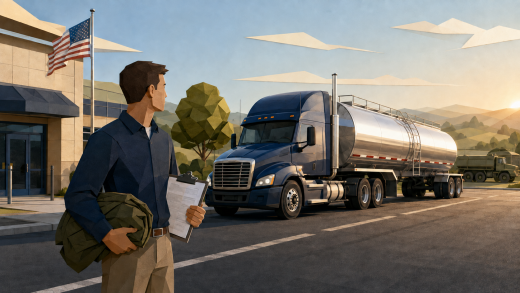 Freedom Haulers CDL illustration showing a veteran transitioning to civilian tank-truck driving