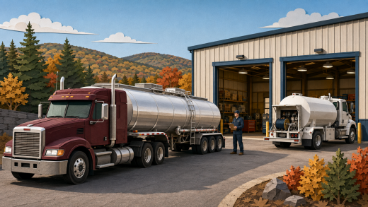 Stylized petroleum tank truck and propane bobtail outside a specialized Maine equipment service shop