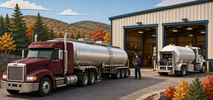 Stylized petroleum tank truck and propane bobtail outside a specialized Maine equipment service shop