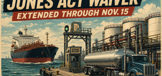 Retro editorial illustration of a product tanker approaching a coastal terminal through a voyage-review checkpoint as a petroleum tank truck waits near the rack.