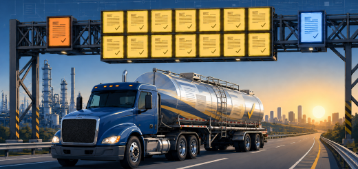 Stainless steel tank truck approaching a compliance checkpoint lined with sixteen document panels