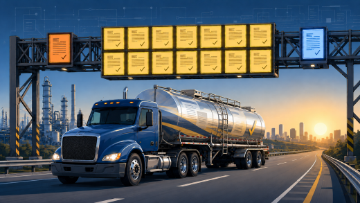Stainless steel tank truck approaching a compliance checkpoint lined with sixteen document panels