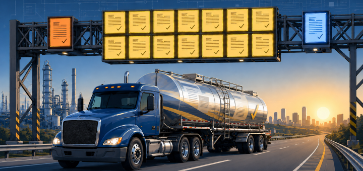 Stainless steel tank truck approaching a compliance checkpoint lined with sixteen document panels